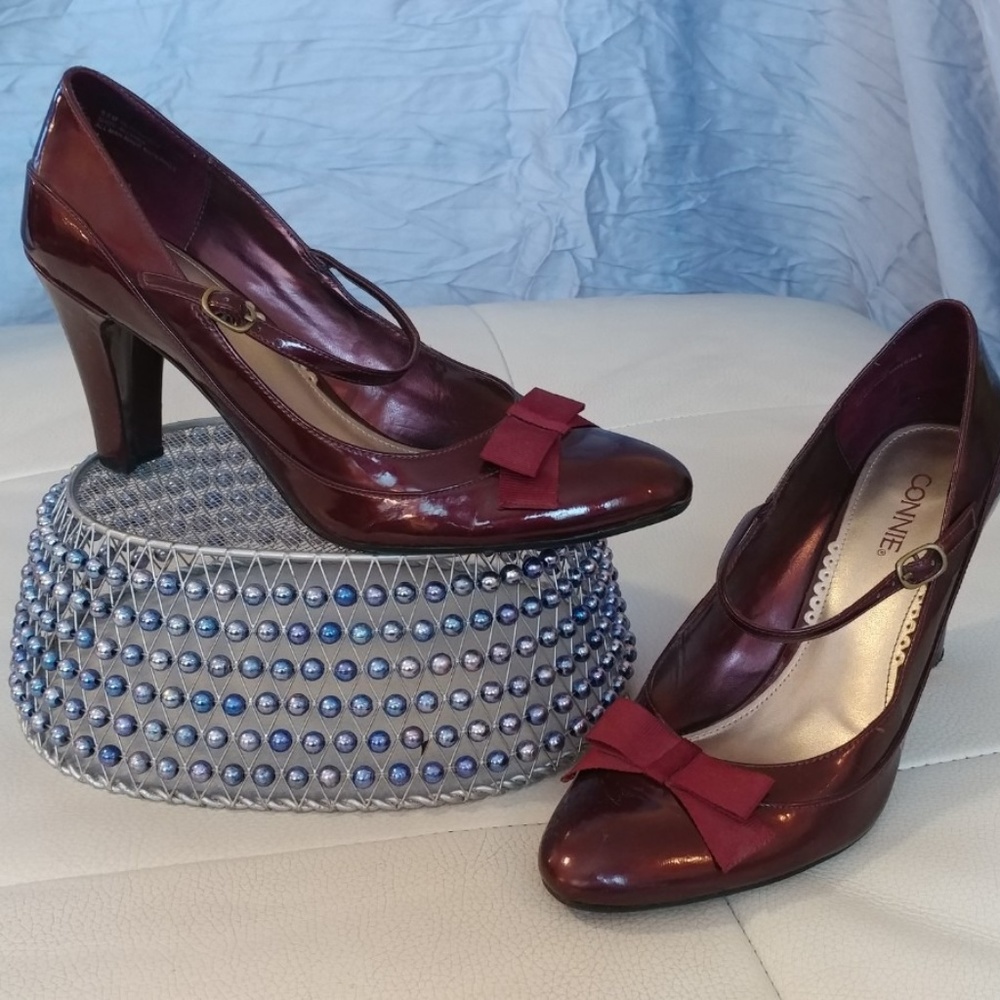 Burgundy patent mary jane heels